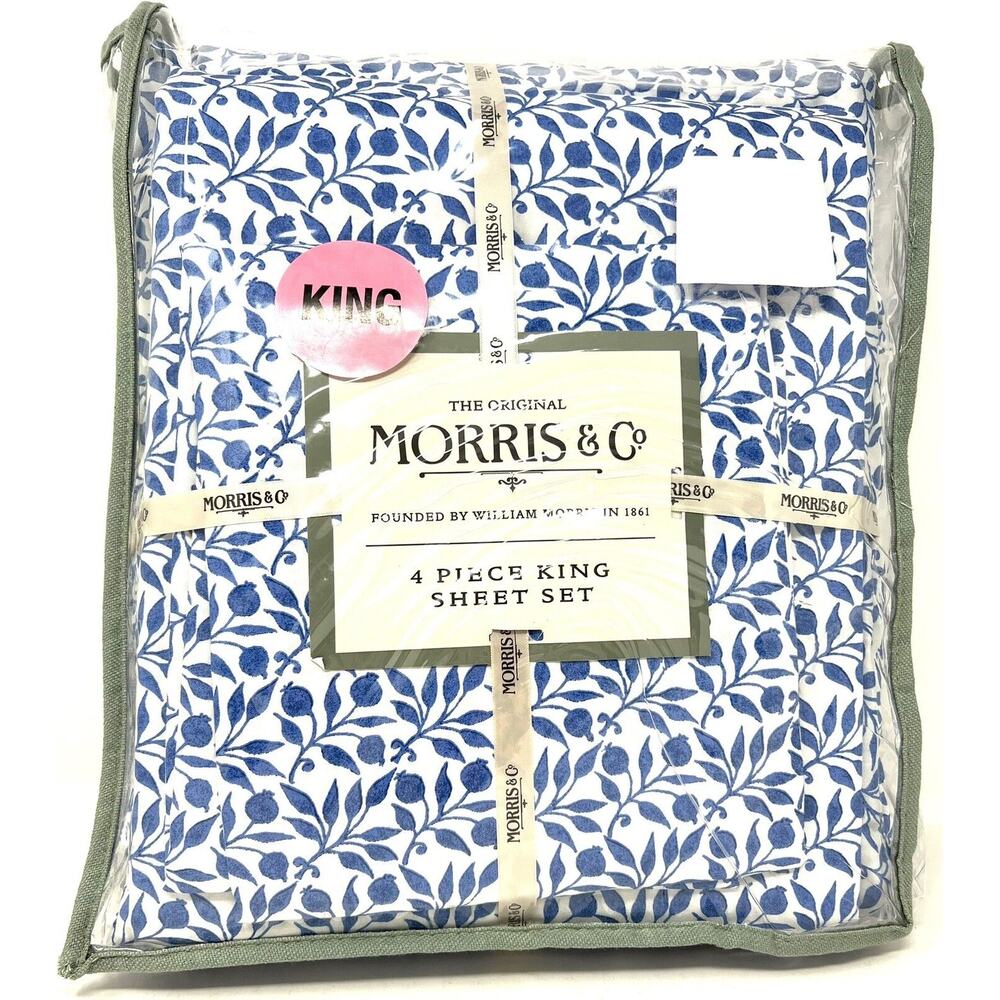 William Morris & Co. KING Sheet Set Blue White Blueberries 100% Cotton 4 pcs